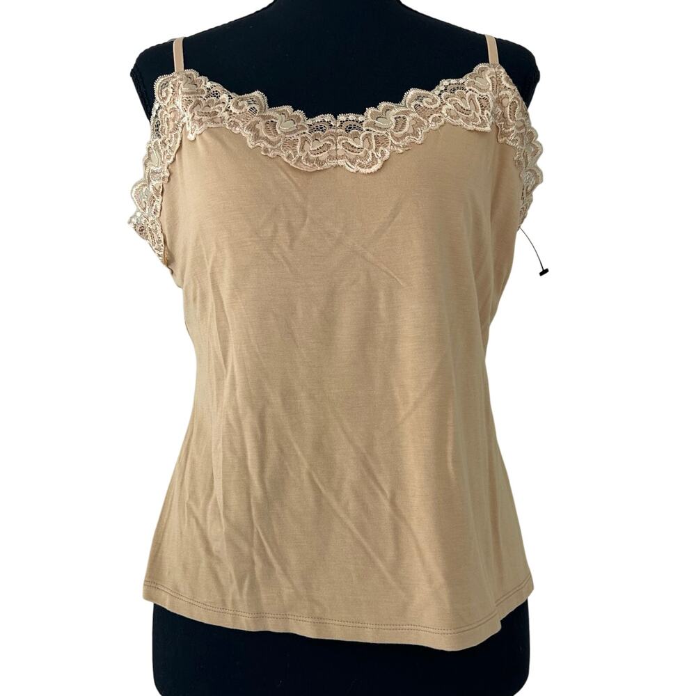 New Worthington lace trim cami tank top Y2K style Stretch M Fairy Coquette tan L